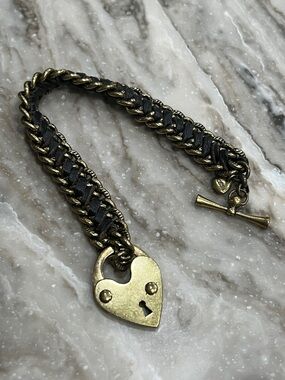Fossil Braided Leather & Antique Gold Heart Padlock Bracelet